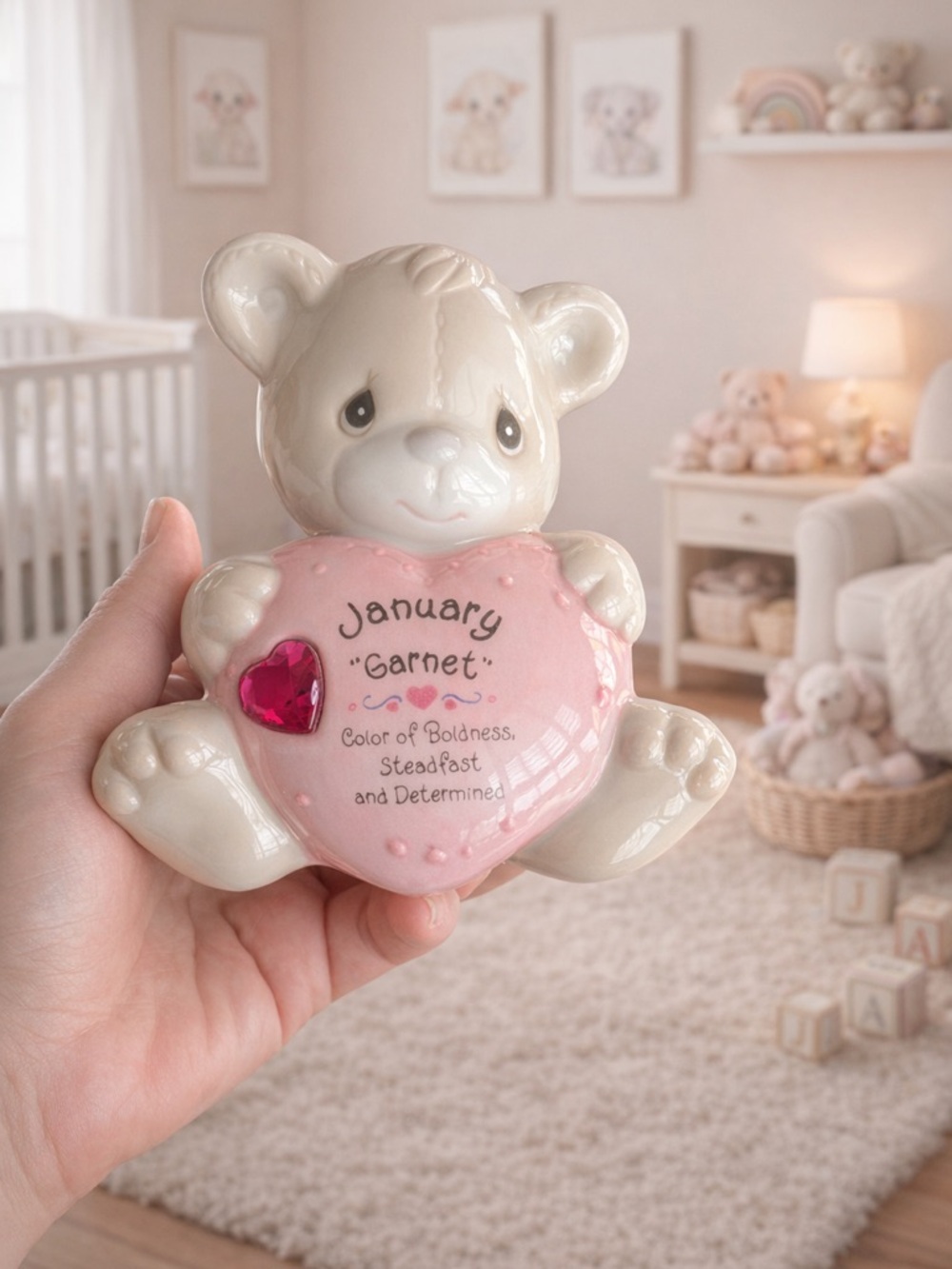 Precious Moments January Garnet Bear Coin Bank Ceramic 1997 Vintage Gift